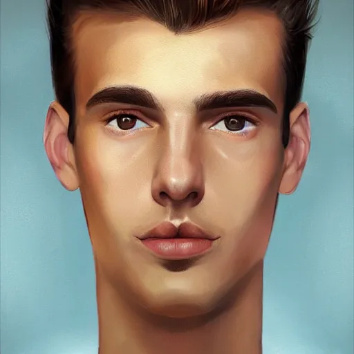 Image similar to man in his twenties with brown blond short quiff hair and thin slightly round facial structure with cleft chin, straight eyebrows and prominent nose, good definition of cheekbones, big hazel nut brown eyes, narrow face, slim body, atmospheric lighting, painted, intricate, 4k, highly detailed by Charlie Bowater