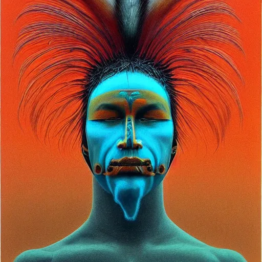 Image similar to symmetric portrait of indigenous warrior, turquoise and orange. realistic. high detail.by zdzisław beksiński