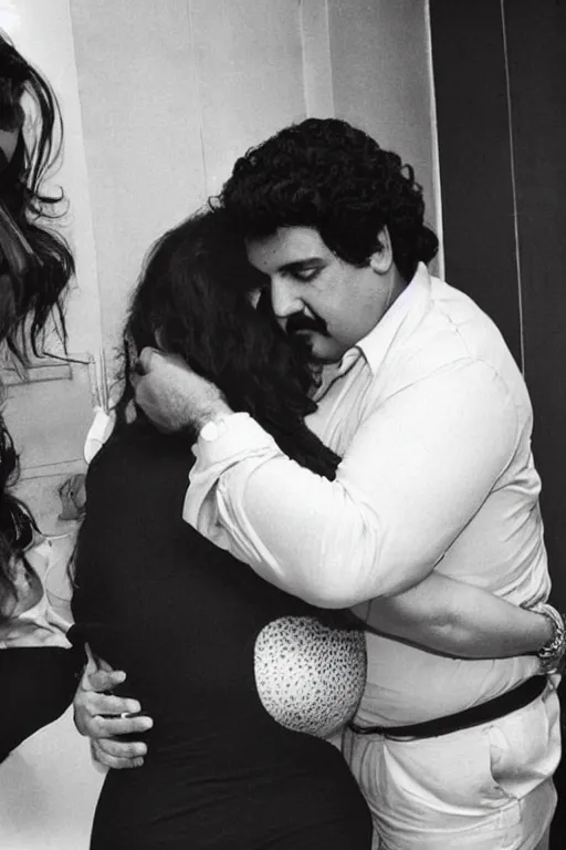 Image similar to Pablo Escobar hugging kim kardashian inside a mafia penthouse