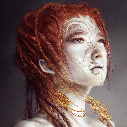 Image similar to portrait of a Shibari rope wrapped face and neck, headshot, insanely nice professional hair style, dramatic hair color, digital painting, of a old 18th century, traveler, amber jewels, baroque, ornate clothing, scifi, realistic, hyperdetailed, chiaroscuro, concept art, art by Franz Hals and Jon Foster and Ayami Kojima and Amano and Karol Bak,