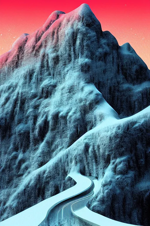 Prompt: a snowy mountain scene by arthur haas and bruce pennington and john schoenherr, cinematic matte painting in the style of glitch art, minimal modern pixel sorting, zaha hadid building, photo realism, neon lights, dark moody color palate,