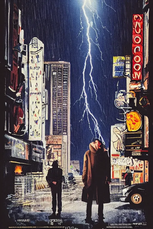 Prompt: an award - winning movie poster for a movie called senor featuring a junkie making a payphone call in a thunderstorm in queens at night in the 1 9 9 0 s with the new york city skyline in the distance