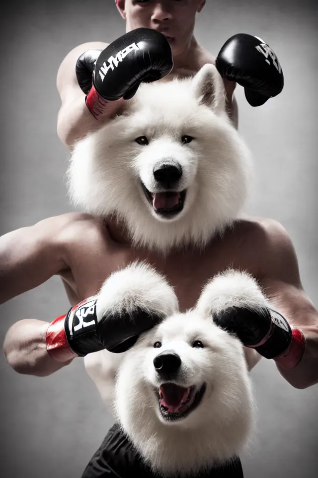 Image similar to samoyed dog head on a human body as a muay thai kickboxer, gloves on hands, world championship fight, cinematic lighting, film still