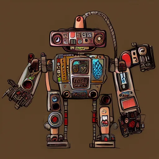 Prompt: a drawing of a robot with a lot of stuff on top of it, concept art by Nyuju Stumpy Brown, deviantart contest winner, toyism, concept art, apocalypse art, 2d game art