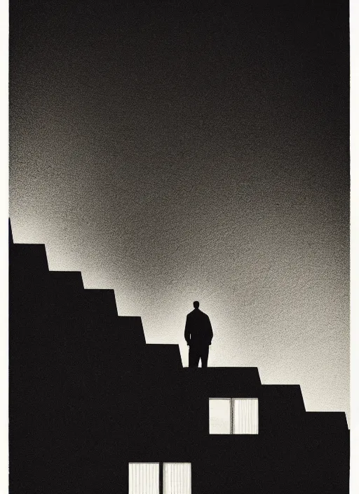 Image similar to burning overgrowth, a lone man, habitat 67, Mads Berg, Karolis Strautniekas, film noir, stippled light, dramatic lighting,editorial illustration, detailed,fine texture, matte print