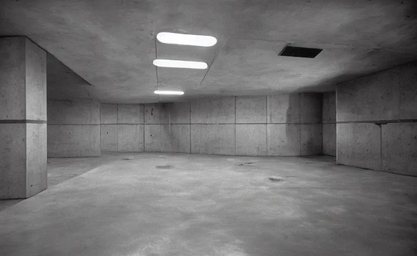 Image similar to Interior shot of a secret brutalist concrete bunker with glossy concrete floor by stanley kubrick, shot by 35mm film color photography