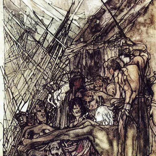 Image similar to Things fall apart the centre cannot hold mere anarchy is loosed upon the world, painted by Arthur Rackham