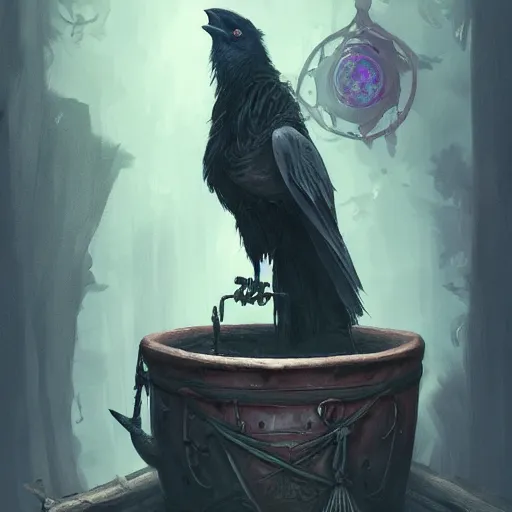 Prompt: a tarot card with interior witch's house with a cauldron smoking, one crow, fantasy art, in the style of greg rutkowski, illustration, epic, fantasy, cinematic, intricate, hyper detailed, artstation, concept art, smooth, sharp focus, ray tracing