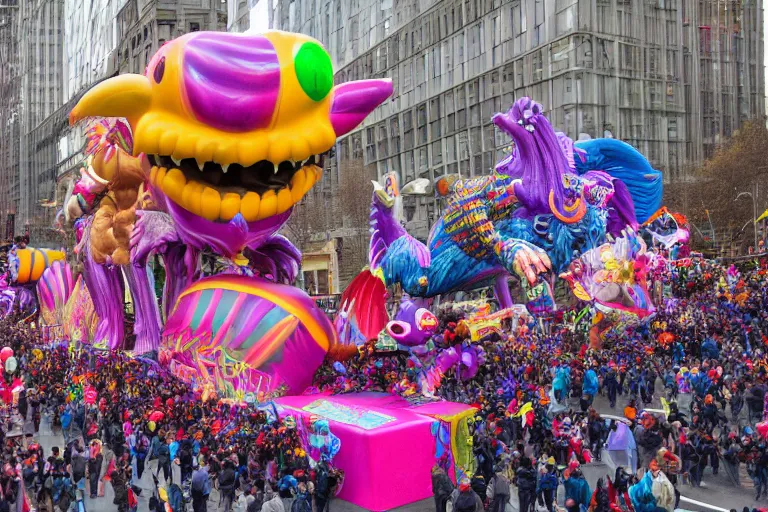 Image similar to photo of giant parade float designed by lisa frank and hr giger in the macys thanksgiving parade, detailed 4 k photo