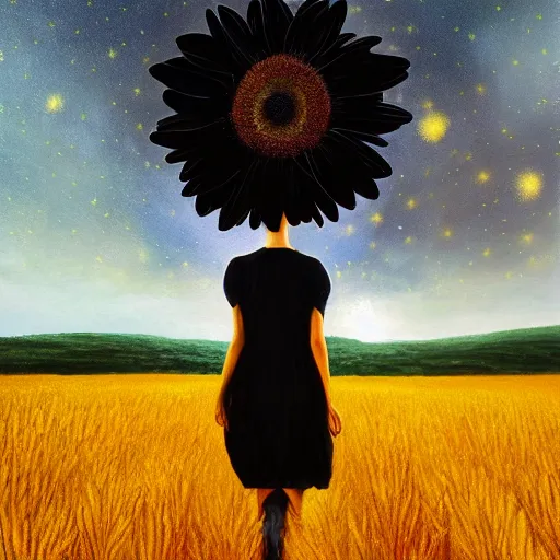 Image similar to giant black daisy flower as a head, girl walking in wheat field, hills, surreal photography, dark night, star trails, dramatic light, impressionist painting, clouds, digital painting, artstation, simon stalenhag