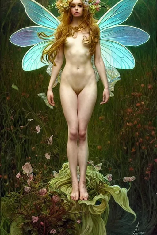 Prompt: full body fairy goddess!! plant metamorphosis, perfect face!!, fantasy, intricate, elegant, dramatic lighting, emotionally evoking symbolic metaphor, highly detailed, photorealistic, artstation, concept art, smooth, sharp focus, art by john collier and albert aublet and krenz cushart and artem demura and alphonse mucha