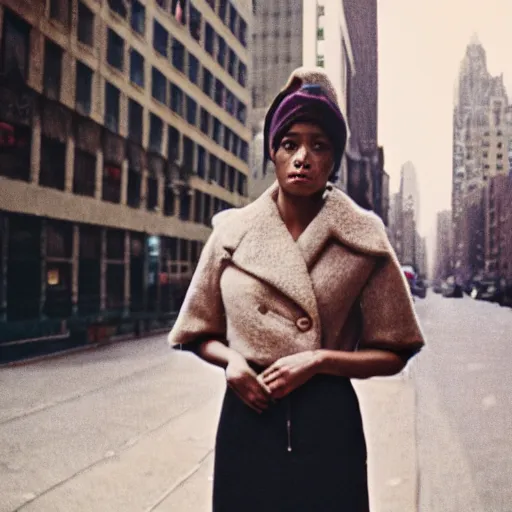 Prompt: medium format film portrait of a woman in new york by street photographer, 1 9 6 0 s, gorgeous portrait featured on unsplash, photographed on colour expired film