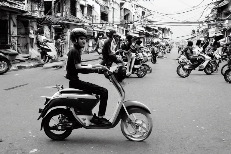 Image similar to moped scotter racing on the street of hanoi, by etienne dinet, artstation cgsociety