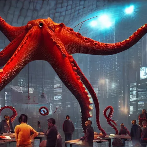 Image similar to Illustration of the Chinese communist party as a dirty octopus with lots of tentacles, dystopian, dirty, 3d shaded, cyberpunk, volumetric lighting, cgsociety, imax, highly detailed