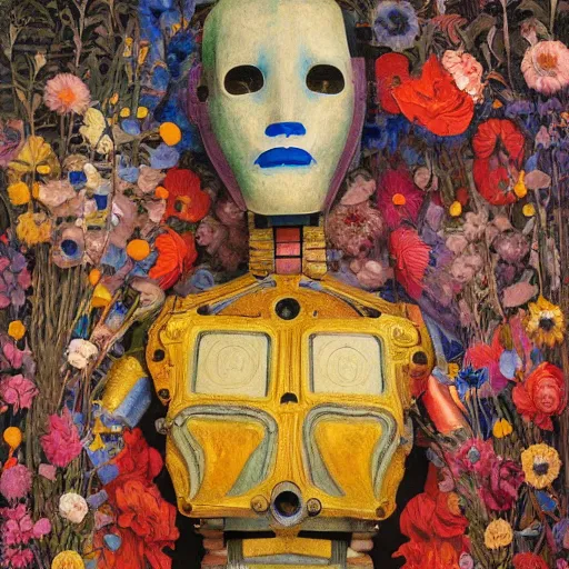 Prompt: a painting of a humanoid robot wearing a mask made of flowers, by annie swynnerton and diego rivera and tino rodriguez, symbolist, dramatic lighting, elaborate geometric ornament, art brut, soft cool colors, smooth, sharp focus, extremely detailed, adolf wolfli