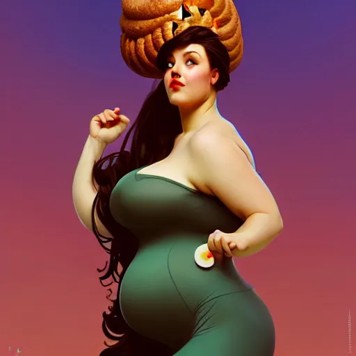 Image similar to curvy woman with a bundt cake on her head, digital art, cinematic, concept art, 8k, painting, imaginefx, cgsociety, art nouveau, Alphonse Mucha, trending on artstation, wide shot, full shot
