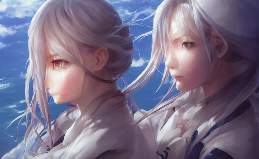 Image similar to highly detailed, character art, octane, anime art, stunning, realistic lightning, realistic ocean, characters from azur lane, matte, sharp focus, intricate, 150mm, illustration, artstation, art by artgerm and WLOP and Krenz Cushart and greg rutkowski and alphonse mucha, realistic human anatomy, smooth, female sailor uniforms