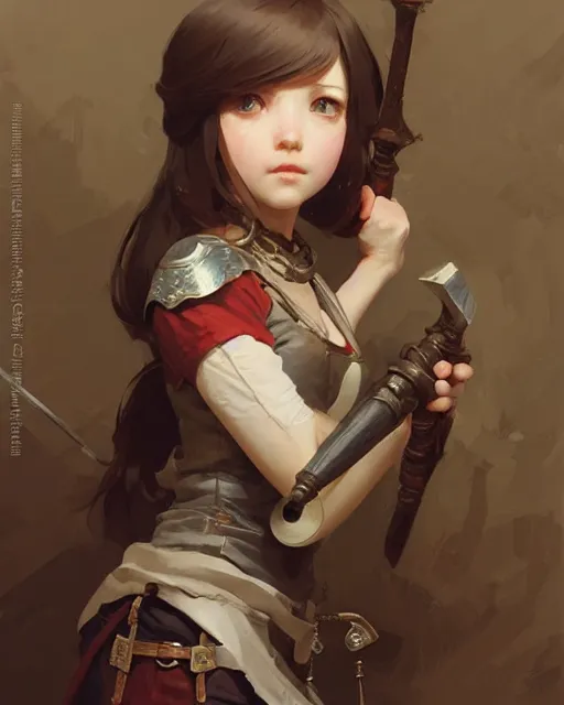 Prompt: cute girl, whitesmith, huge intricate hammer as weapon, mechanical parts, digital painting by krenz cushart, ilya kuvshinov, akihiko yoshida, greg rutkowski, karl spitzweg. sharp focus, highly detailed, intricate background