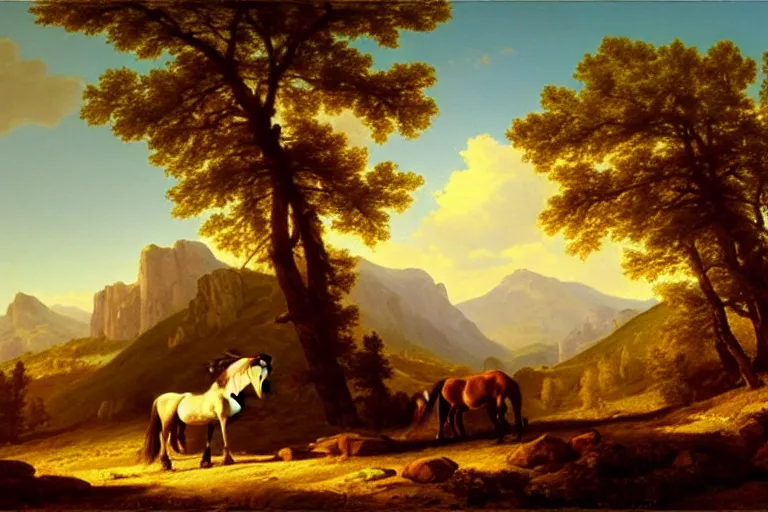 Prompt: scenic western mountain landscape with wild horses and a woman in a long white traditional dress, albert aublet & Asher Brown Durand, oil on canvas, beautifully daylight, artstation
