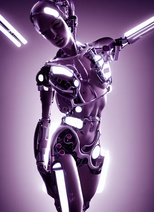 Image similar to photorealistic detailed full body picture of a female cyborg, pretty face with arms and legs, glamour pose, neon lights, white suit, humanoid, extreme, uhdr, book called the most influental cyborg in 2 0 5 0, fine details, highly detailed, intricate, smooth sharp focus