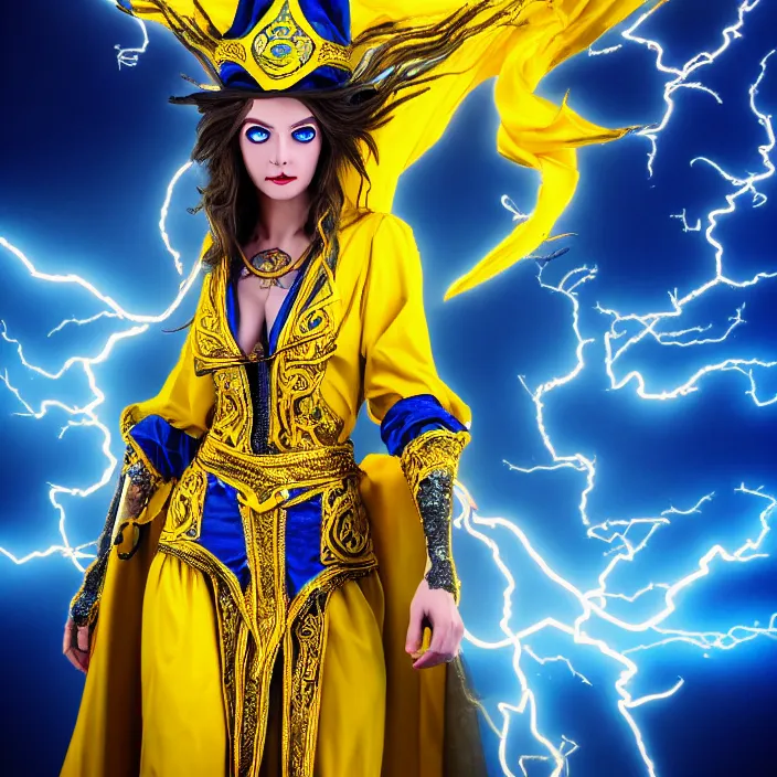 Prompt: photograph of a real - life beautiful!! elemental lightning witch with ornate yellow and blue robes. extremely detailed. 8 k