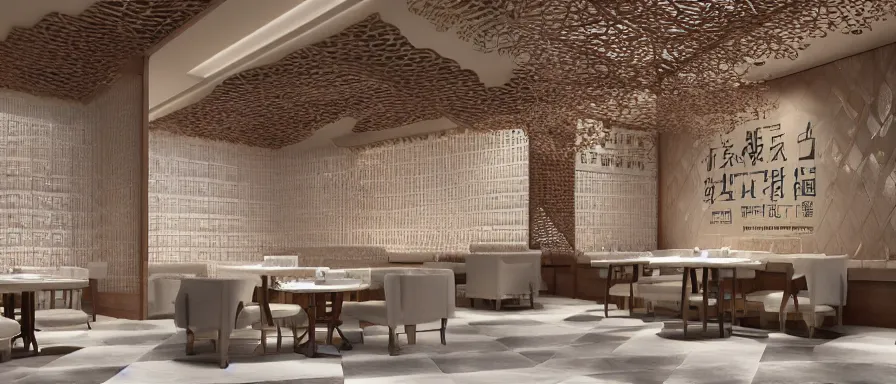 Image similar to a beautiful hyperdetailed interior render of roasted string hotpot restaurant restaurant yan'an, wall corner, from china, paper wall and white tile floor, with merchant logo, fine delicate structure, chinese style, simple composition, simple style structure decoration design, victo ngai, 4 k hd