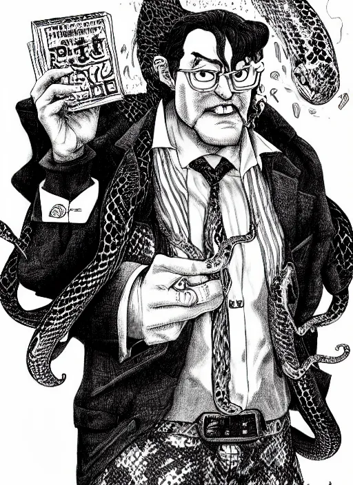 Image similar to portrait of a snake oil salesman by Kentaro Miura, it idn't greasy