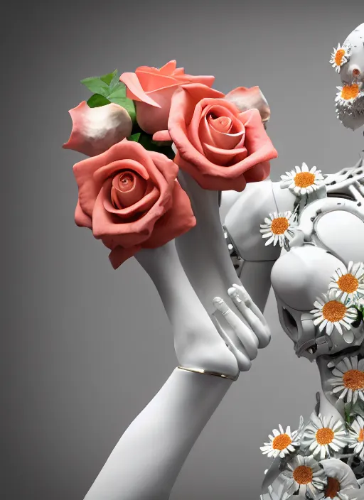 Prompt: slender biomechanical white marble statue holding perfume bottle made of corals, daisies, roses, well contoured smooth fair walls carrying perfume bottle, up close shot, sharp focus, global illumination, radiant light, alexandre ferra white mecha, irakli nadar, octane highly render, 4 k, ultra hd,