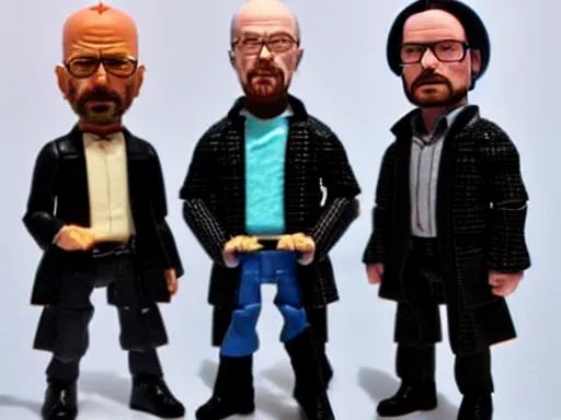 Prompt: a breaking bad action figure set with Saul Goodman, Walter white, and Jesse pinkman