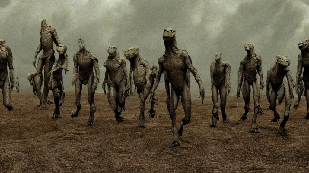 Image similar to movie scene of a group of draconian humanoids arriving to earth, reptil, reptilian, movie still, cinematic composition, cinematic light, criterion collection, reimagined by industrial light and magic, Movie by David Lynch and Ridley Scott