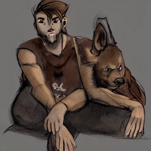 Image similar to two humanoid german shepherds beast - men, sitting on a couch and hugging together in cartoon style, smooth, sharp foccus ilustration, artstation