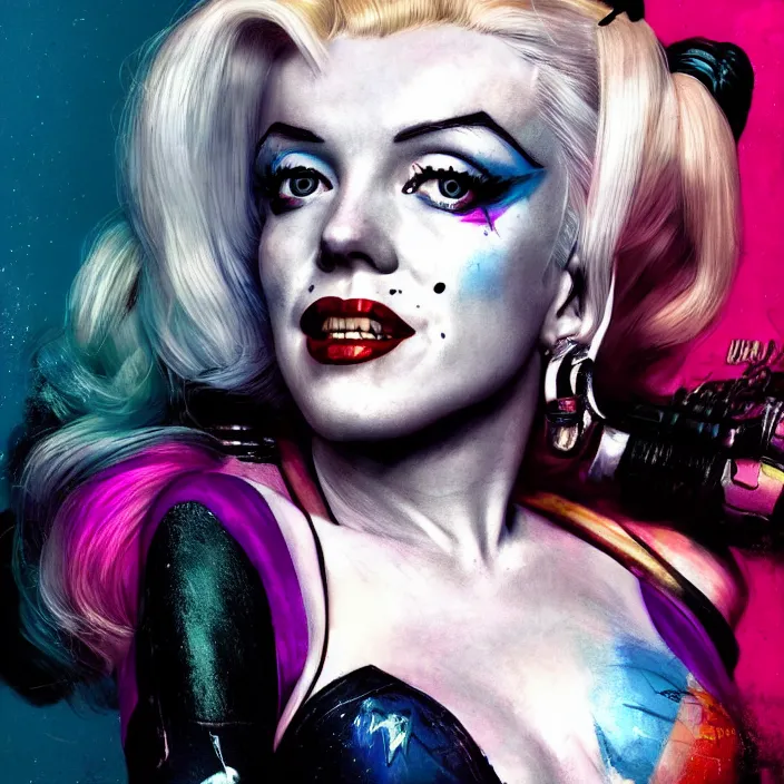 Image similar to portrait of Marilyn Monroe as a harley quinn in Suicide Squad. intricate abstract. intricate artwork. by Tooth Wu, wlop, beeple, dan mumford. octane render, trending on artstation, greg rutkowski very coherent symmetrical artwork. cinematic, hyper realism, high detail, octane render, 8k, iridescent accents