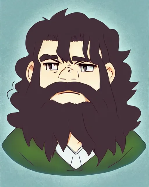 Prompt: Hagrid in cute anime style, portrait of fantasy man, detailed realistic beautiful, lofi colors, smooth, artistic, mellow and soft, sharpen high quality, in style of Ghibli