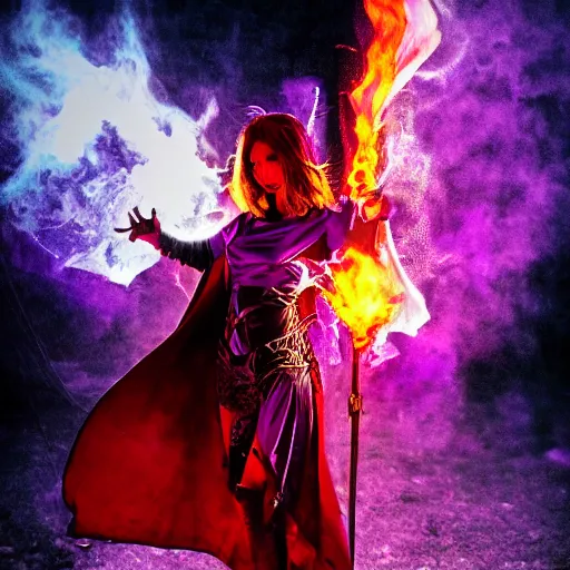 Prompt: pyromancer devil girl cover in purple death flames, deep pyro colors, purple laser lighting, award winning photograph, various refining methods, micro macro autofocus, evil realm magic painting vibes