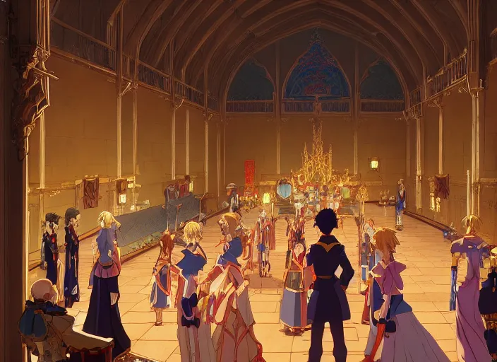 Image similar to key anime visual portrait of a castle's main hall interior with throne, servants, nobles, dynamic pose, dynamic perspective and angle, cinematic, film grain, designed by yoh yoshinari, detailed, intricate, at night, dramatic lighting, costumes by mika pikazo