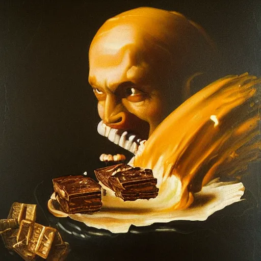 Image similar to saturn devouring a snickers chocolate bar, goya painting, in the style of goya and greg rutkowski, in the style of black paintings, 8 k, highly realistic