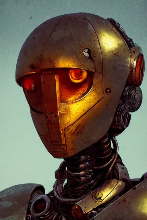 Image similar to a close-up portrait of a rusty and damaged robot, dramatic backlighting, golden hour, autochrome, high contrast, highly detailed, sharp focus, digital painting, concept art, illustration, rock, chiaroscuro, trending on artstation, art by Steven Stahlberg