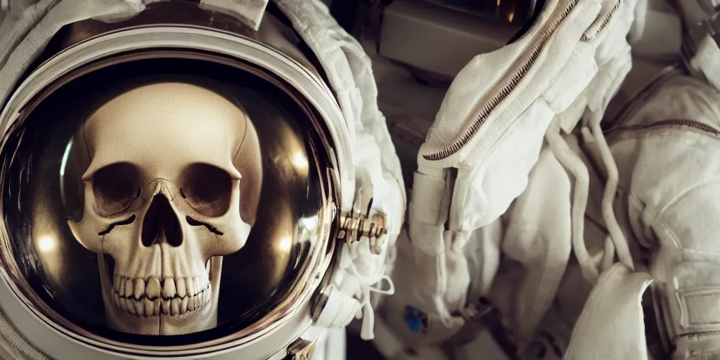 Image similar to realistic skull in astronaut suit with gold linens, cinematic lighting, dramatic, octane render, long lens, shallow depth of field, bokeh, anamorphic lens flare, 8k, hyper detailed