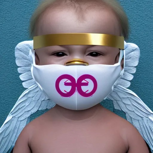 Image similar to a high tech 3 d rendering of a a baby cherub angel wearing a balaclava face mask, ski mask, face covered, gucci, chanel, covered face, fixed eyes, tattoos, multiple gold cuban chain necklace, graffiti in background octane render, blender