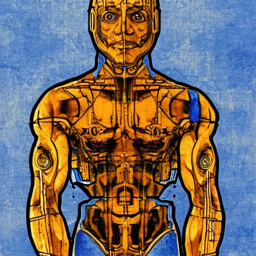 Image similar to cyborg as a vtruvian man blueprint by leonardo davinci