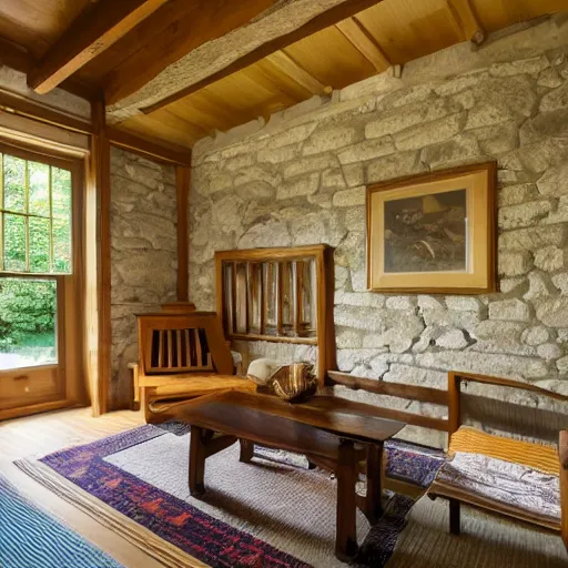 Prompt: photo of interior of historic cozy stone cottage, english and japanese, nature theme