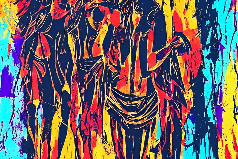 Image similar to abstract background for the summer. tribal dance theme. modern design, painting for a wall, contemporary art deco print. ink brush strokes, brushes, lines, woman silhouette, grungy. dirty artistic elements. acrylic art, in the style of danny mcbride and / or knyazev konstantin