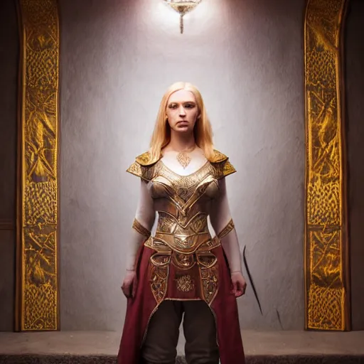 Image similar to the elder scrolls vi, charismatic regal blonde high elf female jarl, portrait, throne room, atmospheric lighting, painted, intricate, volumetric lighting, beautiful, daytime, sunny weather, slight overcast, sharp focus, deep colours, ultra detailed, by leesha hannigan, ross tran, thierry doizon, kai carpenter, ignacio fernandez rios