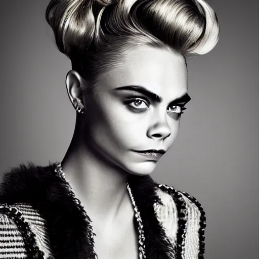 Prompt: portrait of beautiful cara delevingne with a 1 9 6 0's housewife hairstyle by mario testino, headshot, detailed, award winning, sony a 7 r