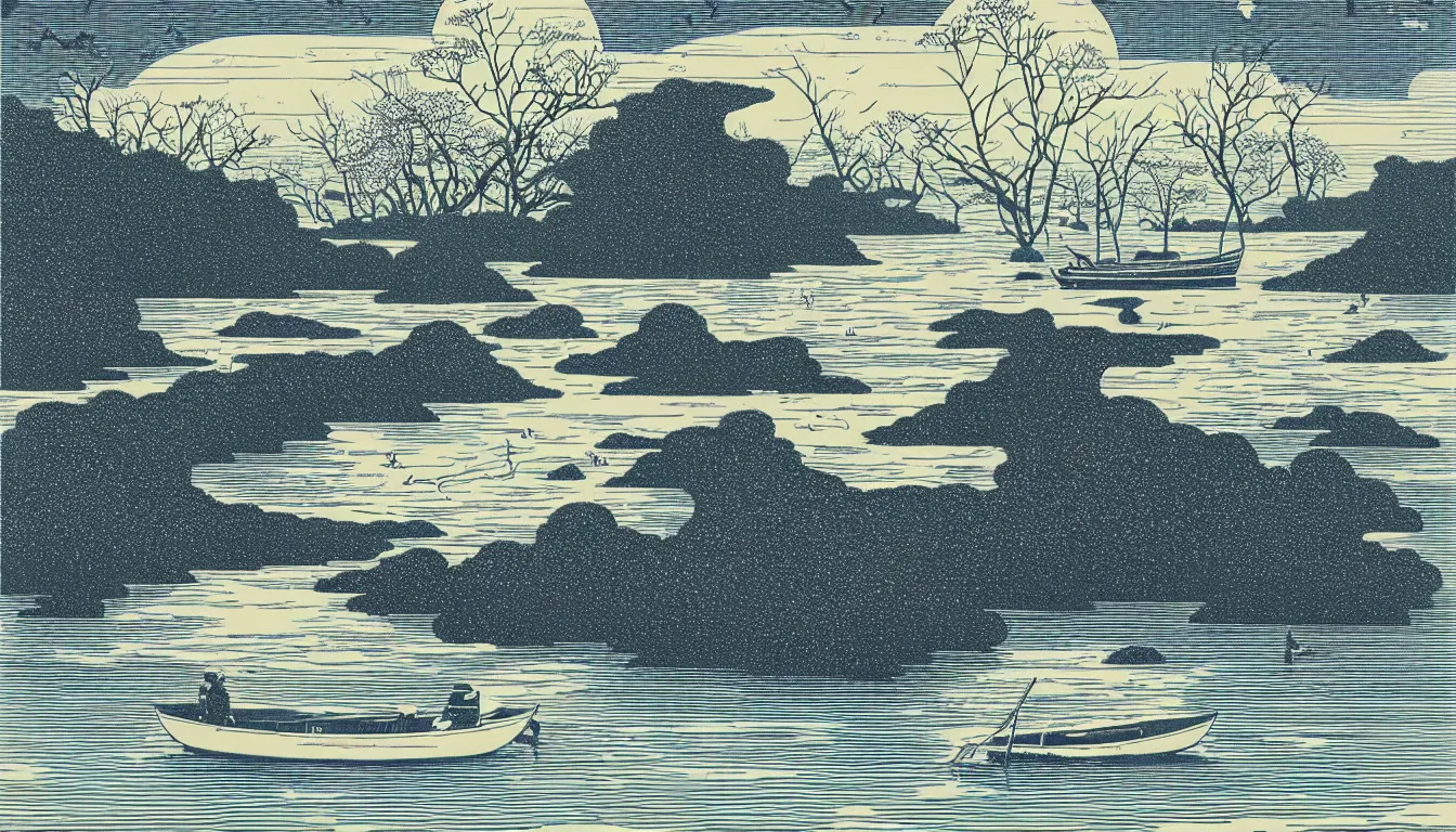 Prompt: one boat floating in the lake by woodblock print, nicolas delort, moebius, victo ngai, josan gonzalez, kilian eng