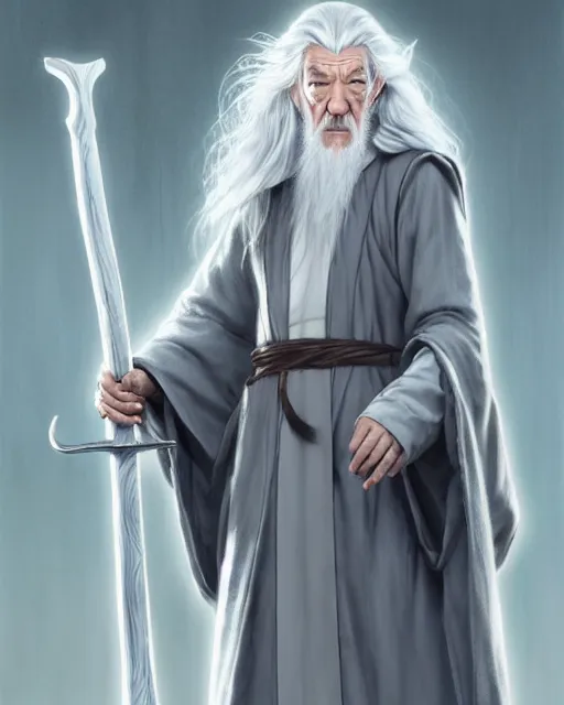 Image similar to portrait Anime joyful Gandalf Ian McKellen; White robe with wooden wizard staff, elven background || cute-fine-face, pretty face, realistic shaded Perfect face, fine details. Anime. realistic shaded lighting by katsuhiro otomo ghost-in-the-shell, magali villeneuve, artgerm, Jeremy Lipkin and Michael Garmash and Rob Rey Ilya Kuvshinov