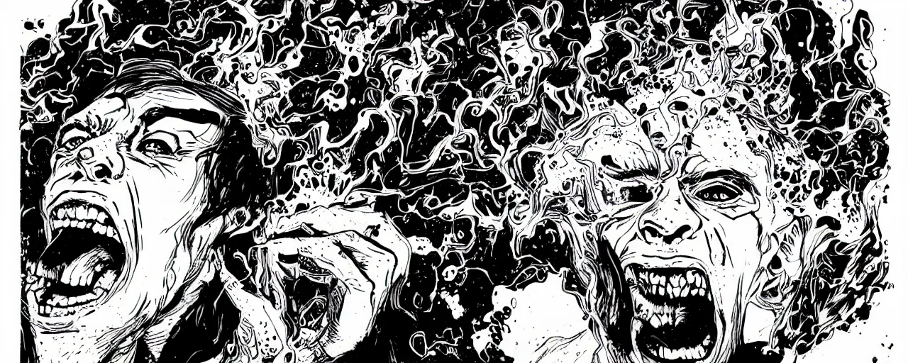 Image similar to portrait of a mad man screaming bursting black ink in style of josan gonzales,