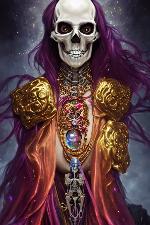 Image similar to woman lich skeleton made of iridescent aether and shiny gems covered with blood, long red hair, golden necklace, ultra realistic, concept art, intricate details, highly detailed, photorealistic, octane render, 8 k, unreal engine. dnd art by artgerm and greg rutkowski and alphonse mucha