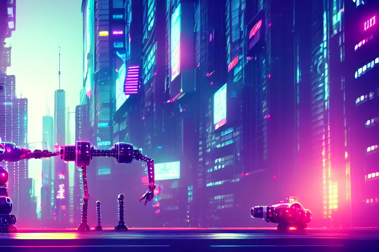 Image similar to a cute big robots in a cyberpunk city. super realistic 8 k render of a elegant, cinematic composition