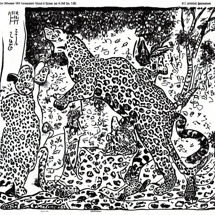 Prompt: a still frame from comic strip, leopard dancing with rabbit 1 9 5 0, herluf bidstrup, new yorker illustration, monochrome contrast bw, lineart, manga, tadanori yokoo, simplified,